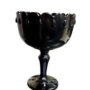 Vintage Indiana Glass Black Amethyst Glass Scallop Teardrop Pedestal Compote 8"